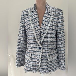 Blue tweed blazer with fringe.  Snap closure.